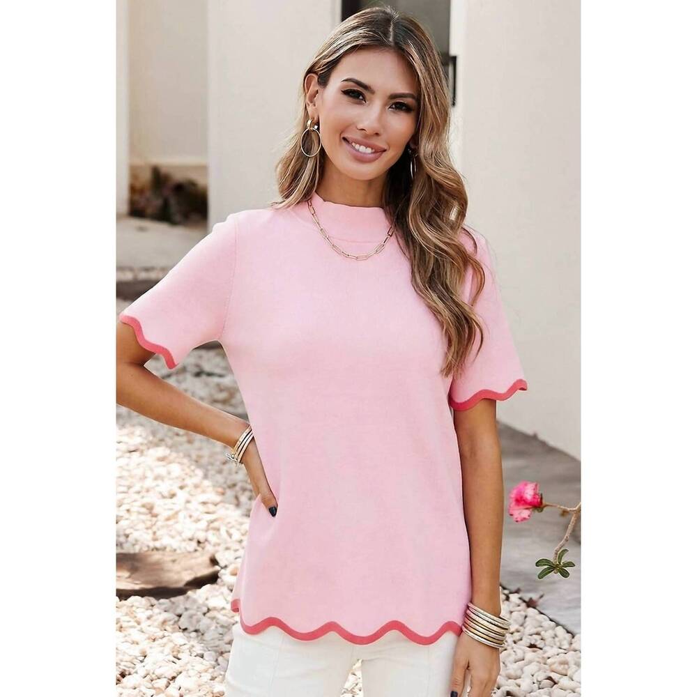 NEW LITTLE DAISY CLOSET mock neck solid short sleeve sweater in pink
